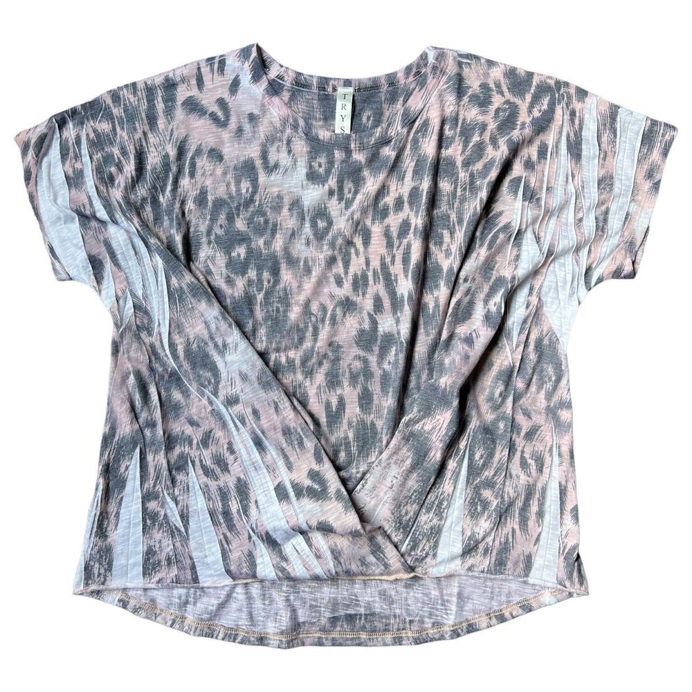 Tryst Shirt Womens Large Top Leopard Print Twist Hem Short Sleeve Round Neck L